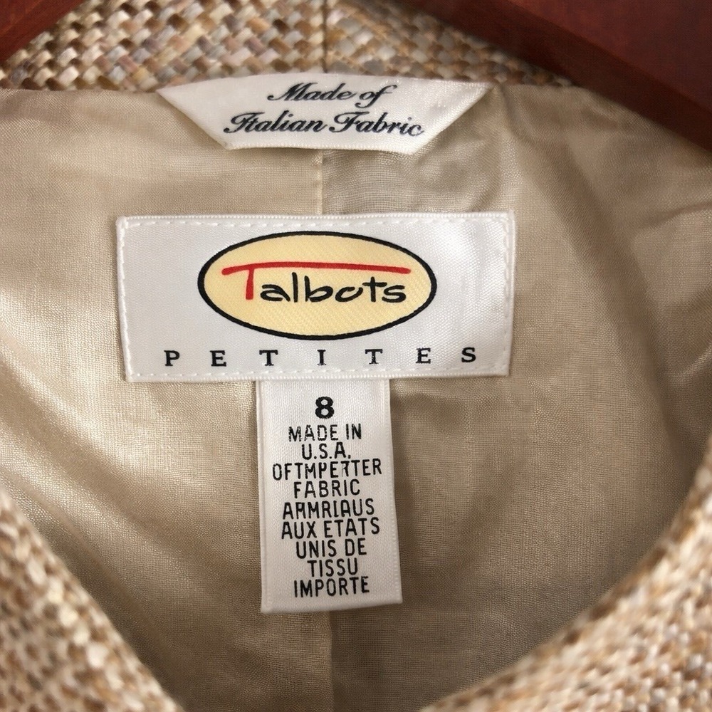 Vintage Talbots Petites 8P Tan Tweed Jacket Made in USA Italian Fabric Brooch - Picture 4 of 8